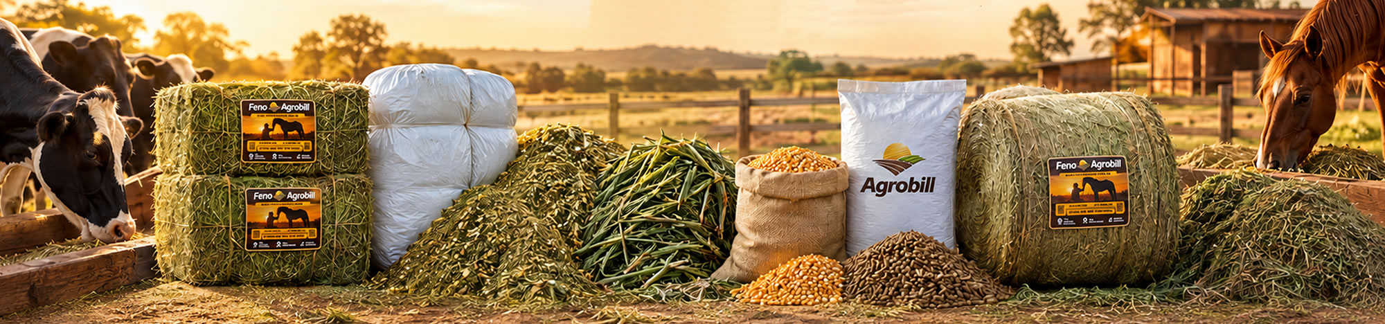 Produtos de nutrição animal Agrobill: feno, silagem, milho em grão e ração